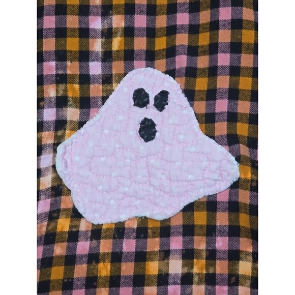 OOAK Upcycled Flannel Shacket Shirt Halloween Ghost Cat Moon Distressed Women XL - Picture 4 of 13